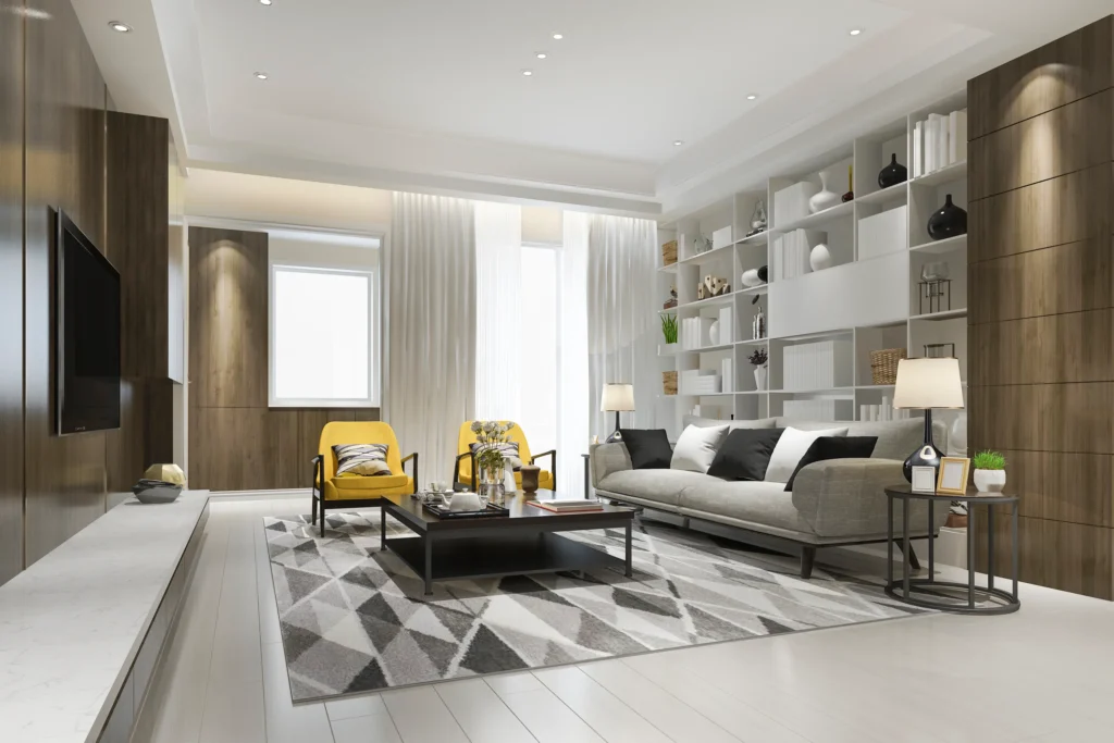 3d-rendering-loft-luxury-living-room-with-yellow-armchair-with-bookshelf