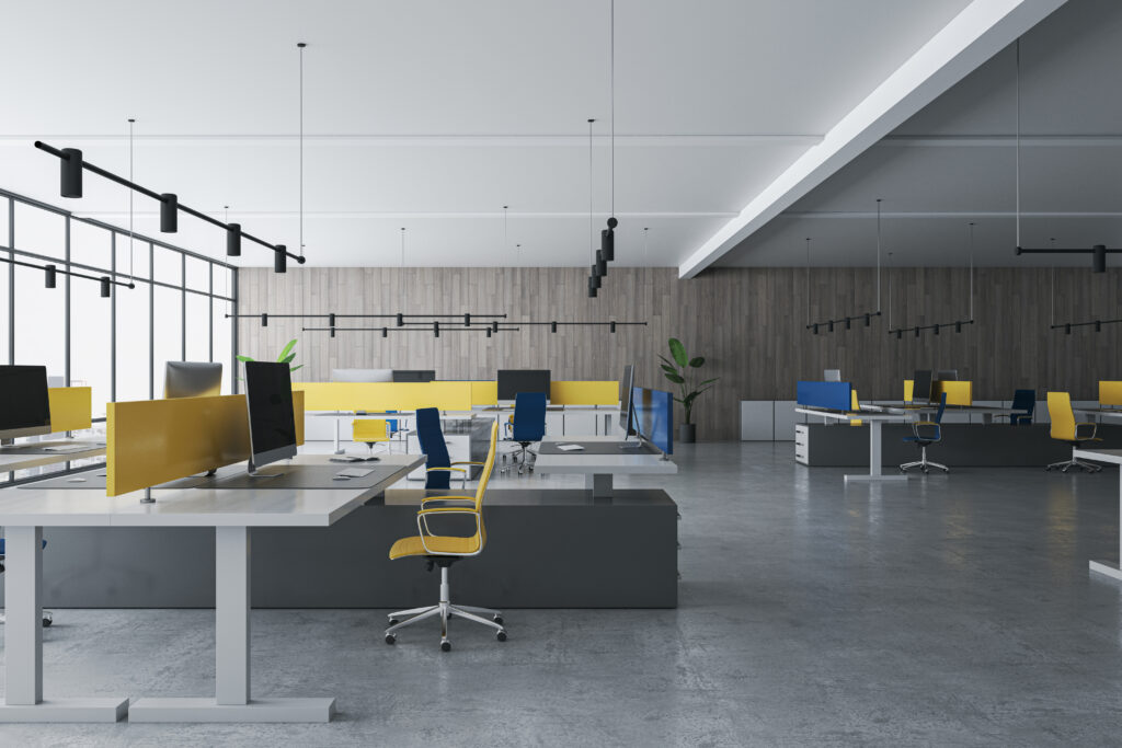 Luxury Coworking Office Interior With Partitions And Windows With City View. 3d Rendering.