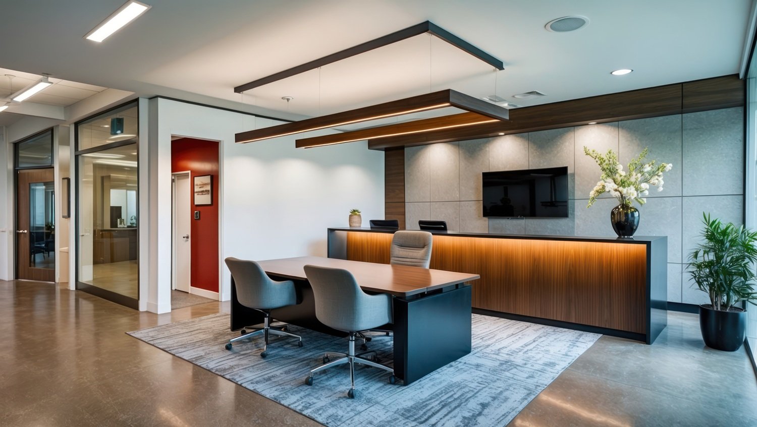 Modern office space featuring a stylish desk and lush plants