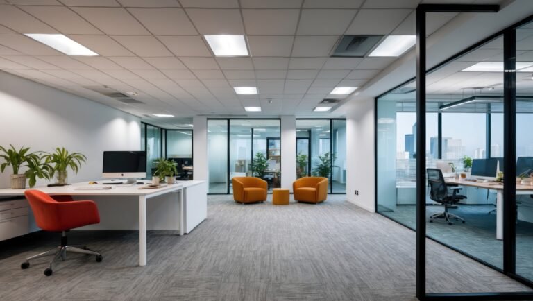 Modern office space with a clean design and natural light for productivity