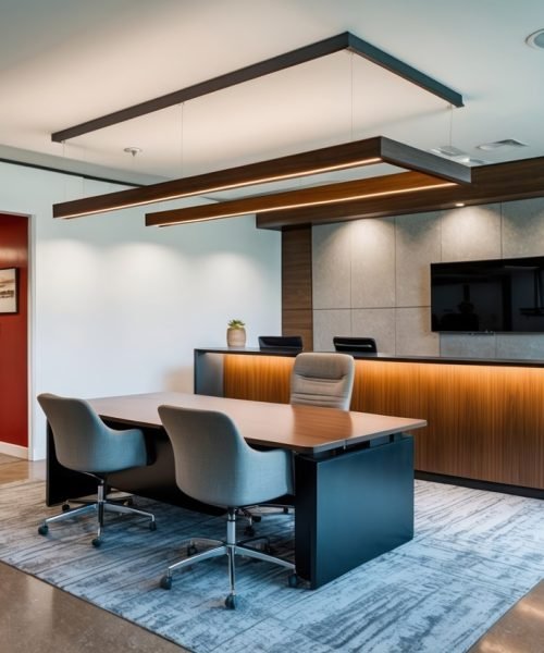 Modern office space featuring a stylish desk and lush plants